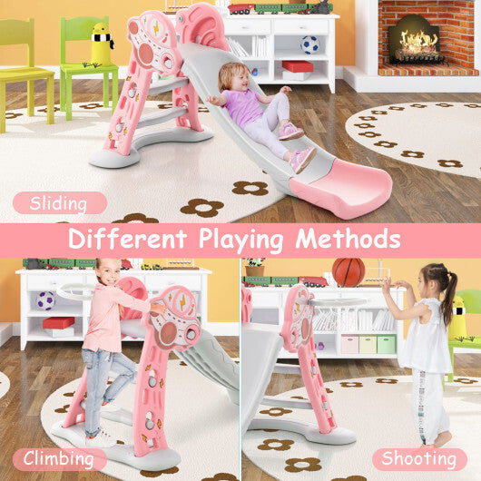 3-in-1 Folding Slide Playset with Basketball Hoop and Small Basketball-Blue