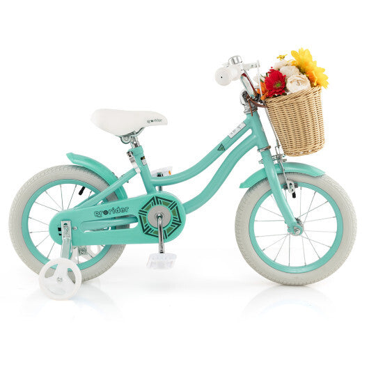 14-Inch Kids Bike with Training Wheels and Adjustable Handlebar Seat-Green - Color: Green