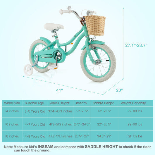 14-Inch Kids Bike with Training Wheels and Adjustable Handlebar Seat-Green - Color: Green