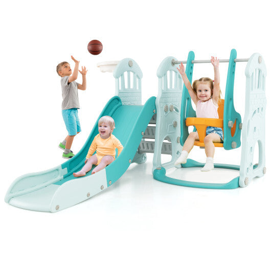 Toddler Slide and Swing Set  with Extra-long Slide Height Adjustable Swing Basketball Hoop and Climber