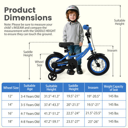 12/14/16/18 Inches Kids Bike with Removable Training Wheels and Adjustable Seatfor 3-8 Years Old Navy-12 inches - Color: Navy - Size: 12 inches