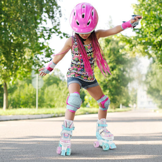 Kids Roller Skates 4 Sizes Adjustable Quad Skates with Light-up Wheels and Safety Protection-Rose Red