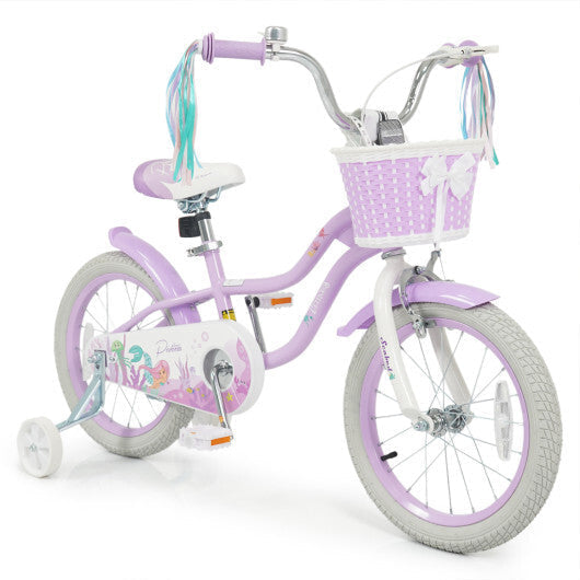 16 Inch Kids Bike Adjustable with Basket and Streamers Purple - Princess of the Sea Theme - Color: Purple - Size: 16 inches