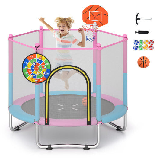 60 inch Kids Trampoline Toddler Recreational Trampoline with Basketball Hoop-Macaron