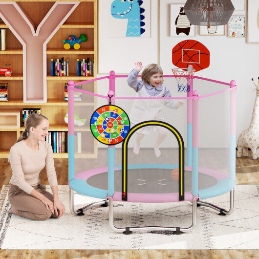 60 inch Kids Trampoline Toddler Recreational Trampoline with Basketball Hoop-Macaron