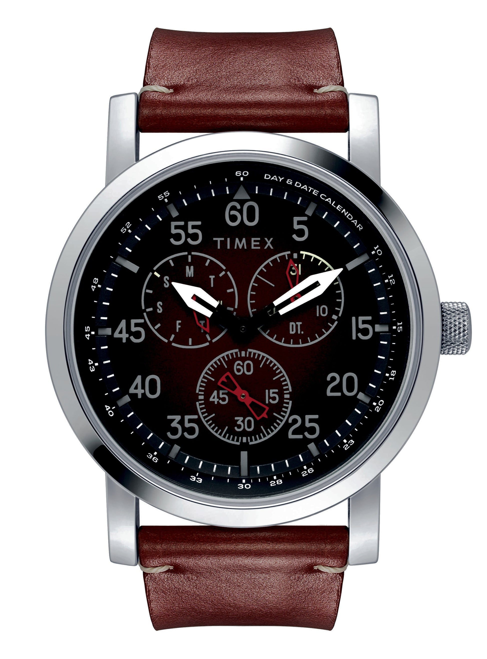 Timex Men's 44mm Silver-tone Case/Blk Dial Leather Strap Watch