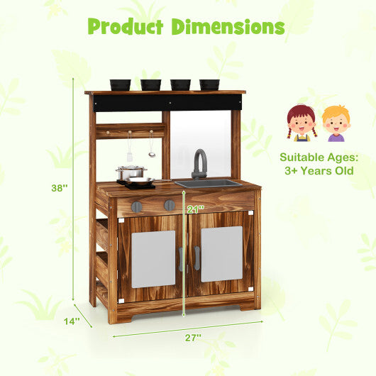 Mud Kitchen Fir Wood Play Kitchen with 4 Panting Pots Faucet Removable Sink-Natural