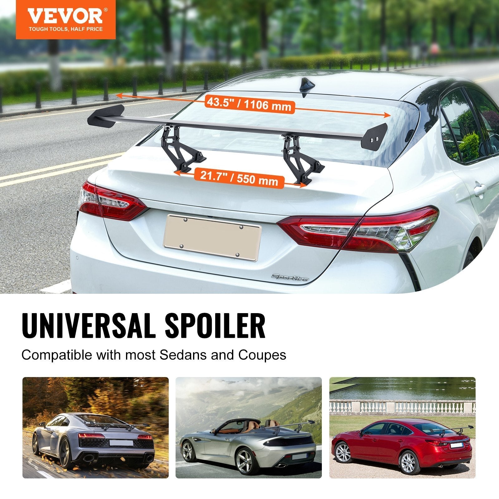 GT Wing Car Spoiler, 43.3 inch Universal Spoiler with Single Deck, Adjustable Lightweight Aluminum, Car Rear Spoiler Wing, Racing Spoiler BGW/JDM Drift Black