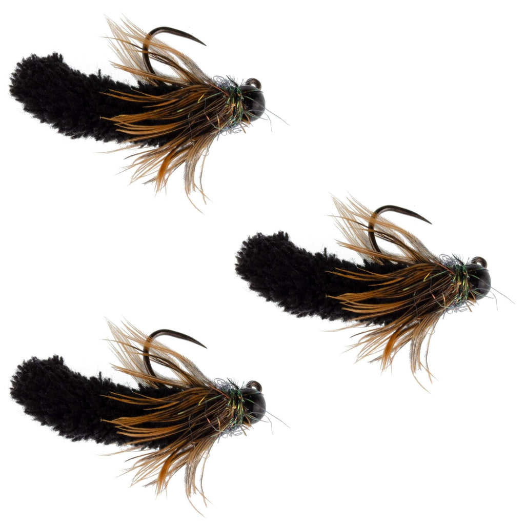 3 Pack Tungsten Bead Black Mop Fly Tactical Jig Czech Euro Nymph Barbless Fly - 3 Flies Size 14