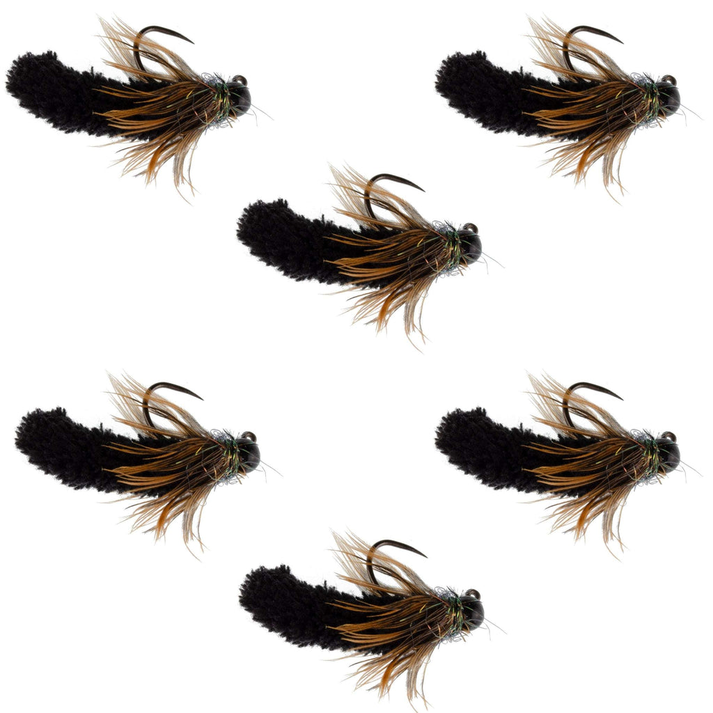 Tungsten Bead Black Mop Fly Tactical Jig Czech Euro Nymph Barbless Fly 6 Flies - Size 14