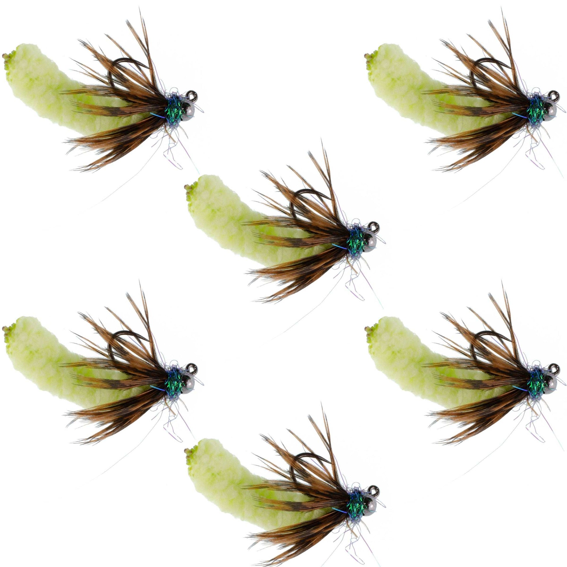 Tungsten Bead Chartreuse Mop Fly Tactical Jig Czech Euro Nymph Barbless Fly 6 Flies - Size 14