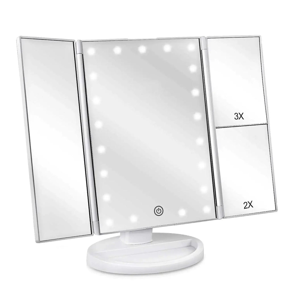 Tri-Fold Lighted Vanity Mirror with LED Lights & Magnification – Perfect for Travel & Home