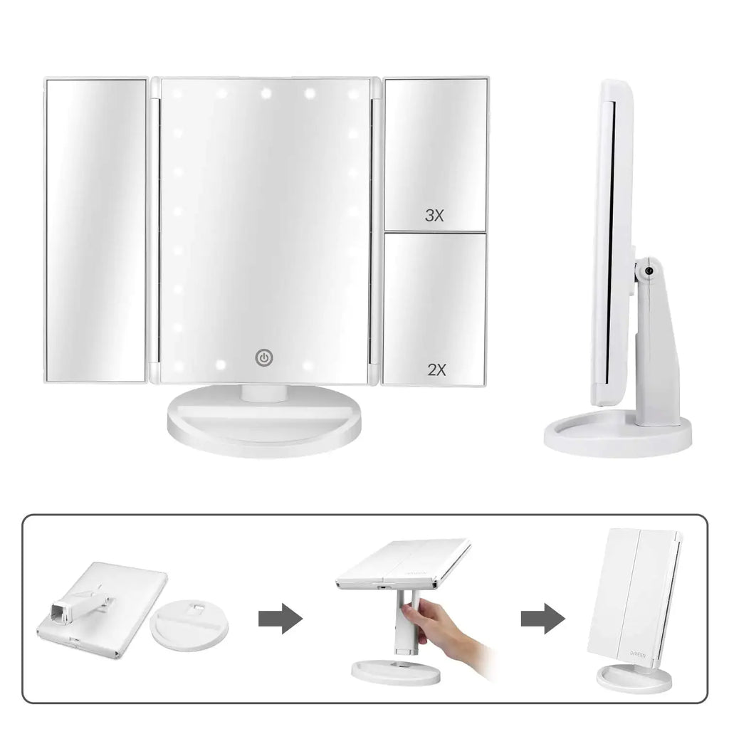 Tri-Fold Lighted Vanity Mirror with LED Lights & Magnification – Perfect for Travel & Home