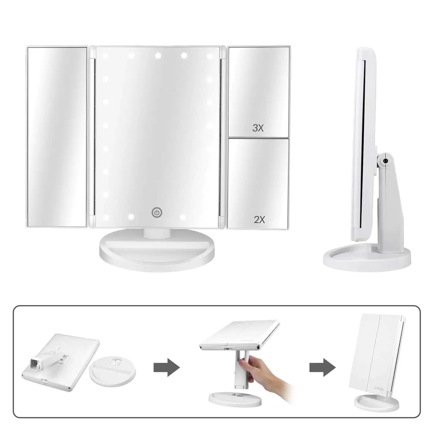 Tri-Fold Lighted Vanity Mirror with LED Lights & Magnification – Perfect for Travel & Home