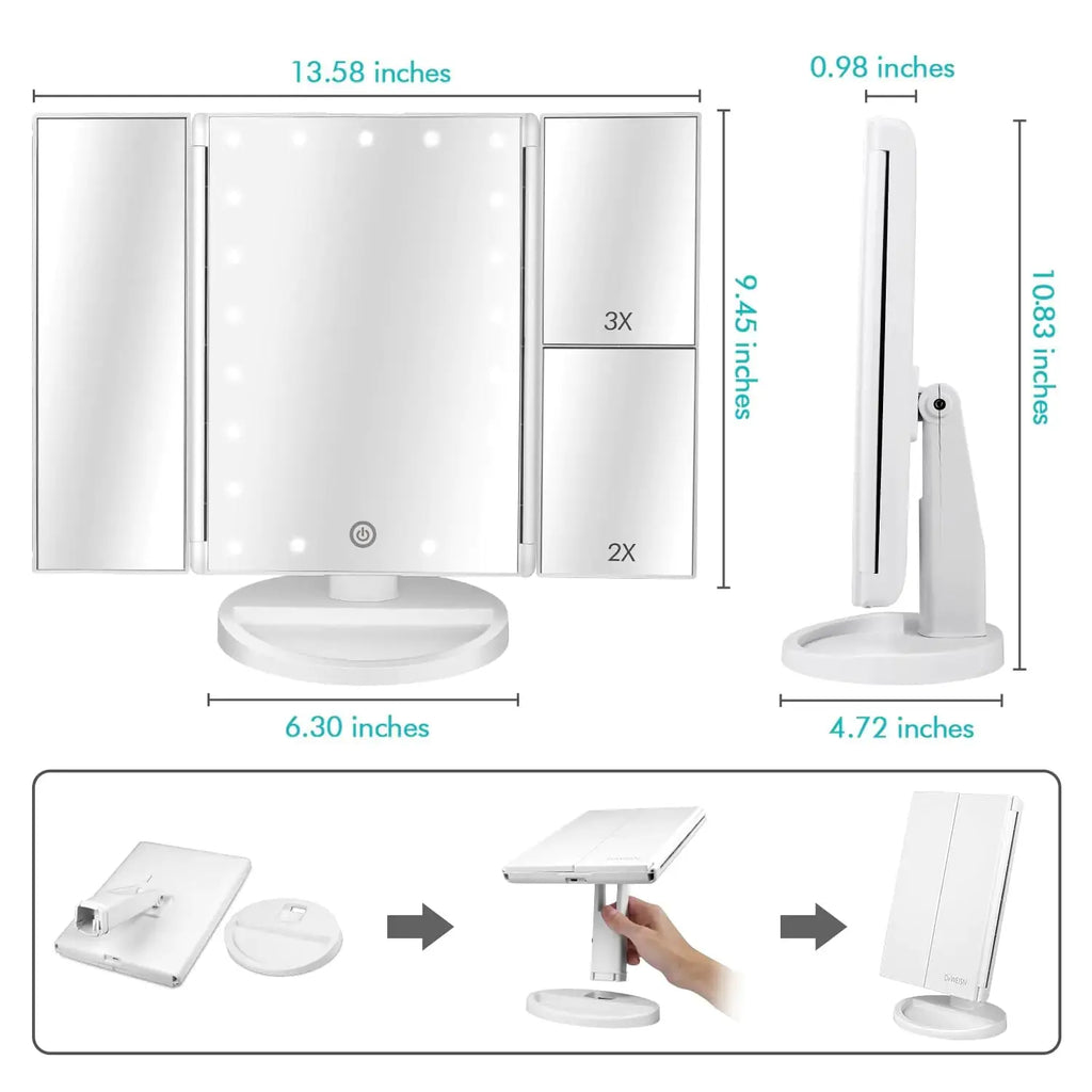 Tri-Fold Lighted Vanity Mirror with LED Lights & Magnification – Perfect for Travel & Home