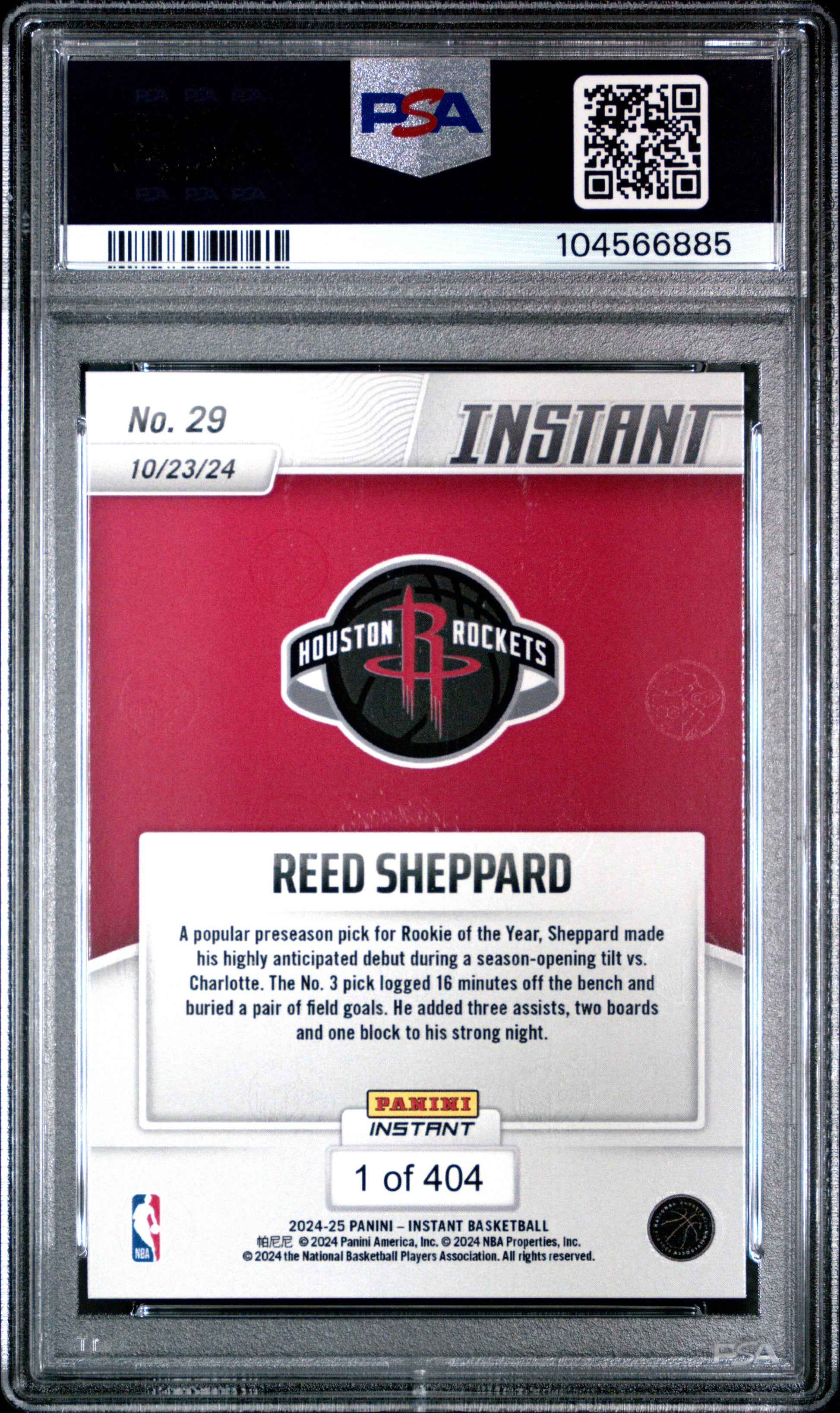 Graded 2024 Panini Instant NBA Reed Sheppard #29 Rookie RC Basketball Card PSA 10 Gem Mint