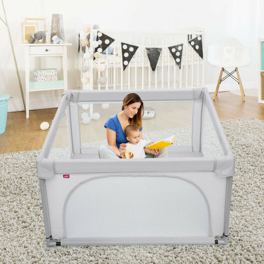 Large Kids Activity Center Baby Playpen for Toddlers with 4 Pull Rings-Blue