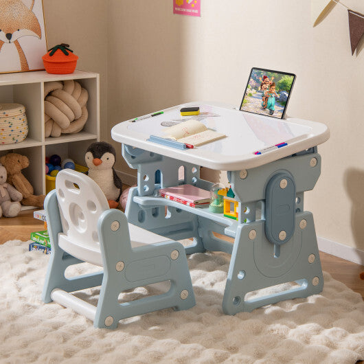 Height Adjustable Kids Table and Chair Set with Tiltable Whiteboard and Concave Shelf-Gray