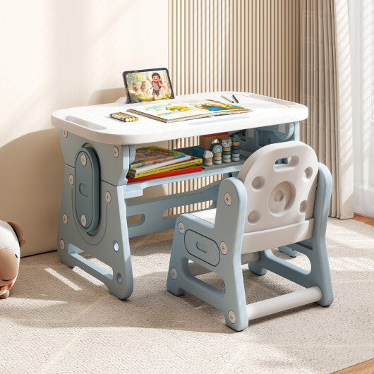 Height Adjustable Kids Table and Chair Set with Tiltable Whiteboard and Concave Shelf-Gray
