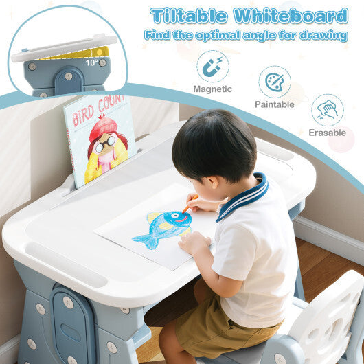 Height Adjustable Kids Table and Chair Set with Tiltable Whiteboard and Concave Shelf-Gray