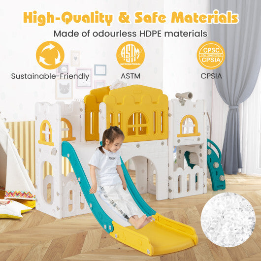 All-in-1 Toddler Slide Playset Playground with Tunnel and Ladder and Basketball-Yellow