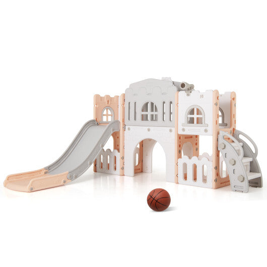 All-in-1 Toddler Slide Playset Playground with Tunnel and Ladder and Basketball-Yellow