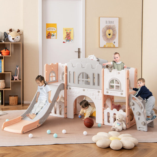 All-in-1 Toddler Slide Playset Playground with Tunnel and Ladder and Basketball-Yellow