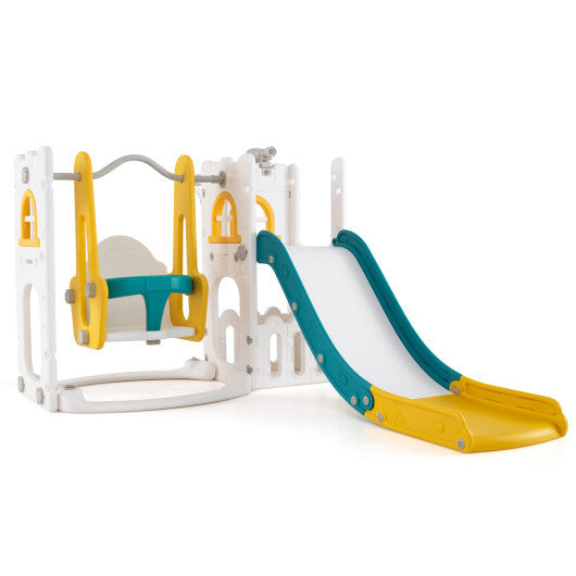 7-in-1 Toddler Swing and Slide Set L-shaped with Ladder and Basketball Hoop-Yellow