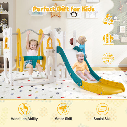 7-in-1 Toddler Swing and Slide Set L-shaped with Ladder and Basketball Hoop-Yellow