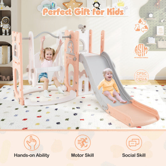 7-in-1 Toddler Swing and Slide Set L-shaped with Ladder and Basketball Hoop-Yellow