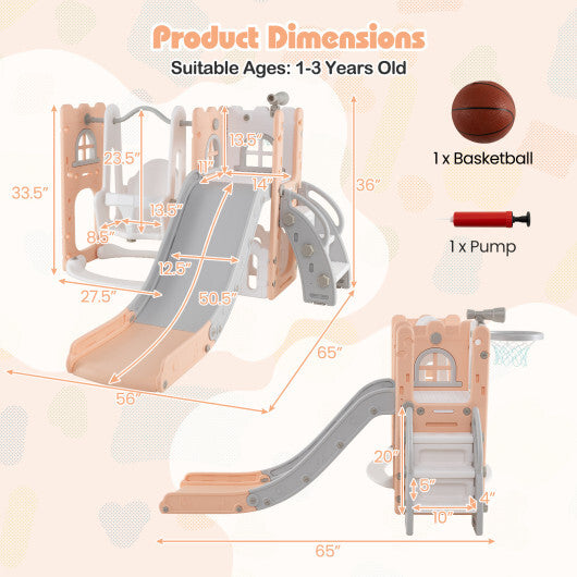 7-in-1 Toddler Swing and Slide Set L-shaped with Ladder and Basketball Hoop-Yellow