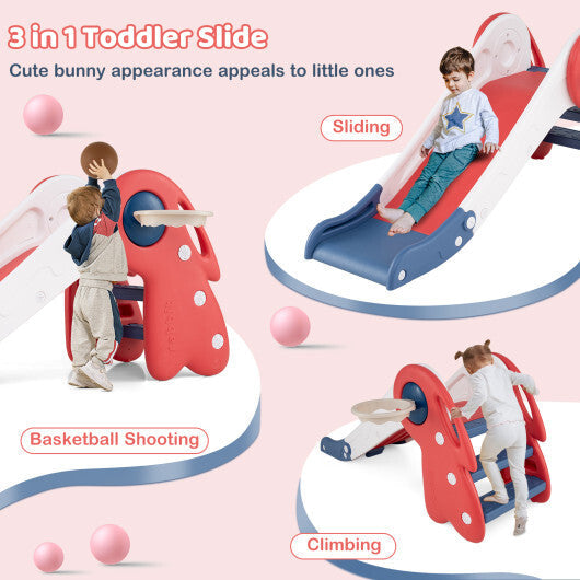 3 in 1 Toddler Slide Baby Slide Climber Playset with Basketball Hoop and Basketball-Red