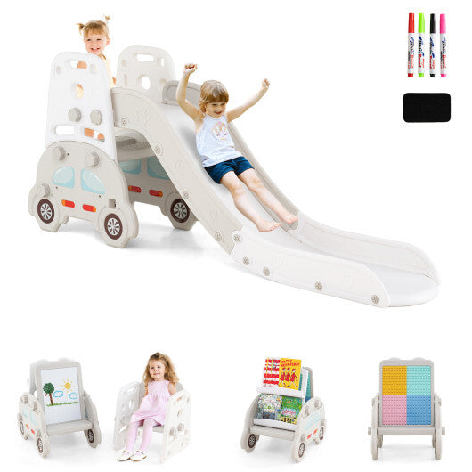 5 in 1 Convertible Toddler Slide Set Kids Art Easel with Stool and Book Rack-Gray