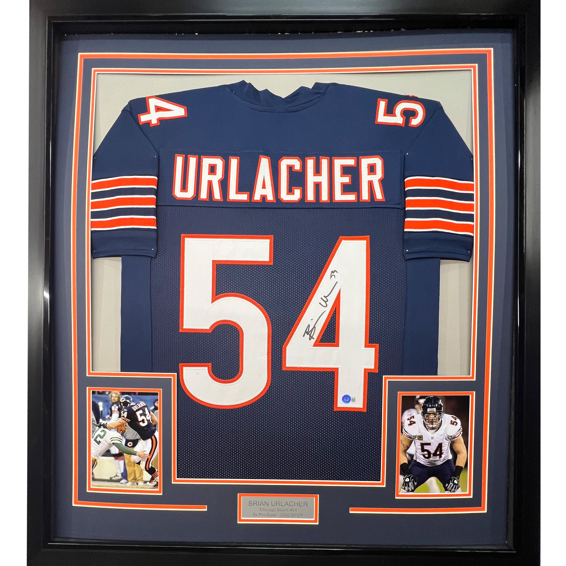 Framed Autographed/Signed Brian Urlacher 35x39 Chicago Bears Blue Football Jersey Beckett BAS COA