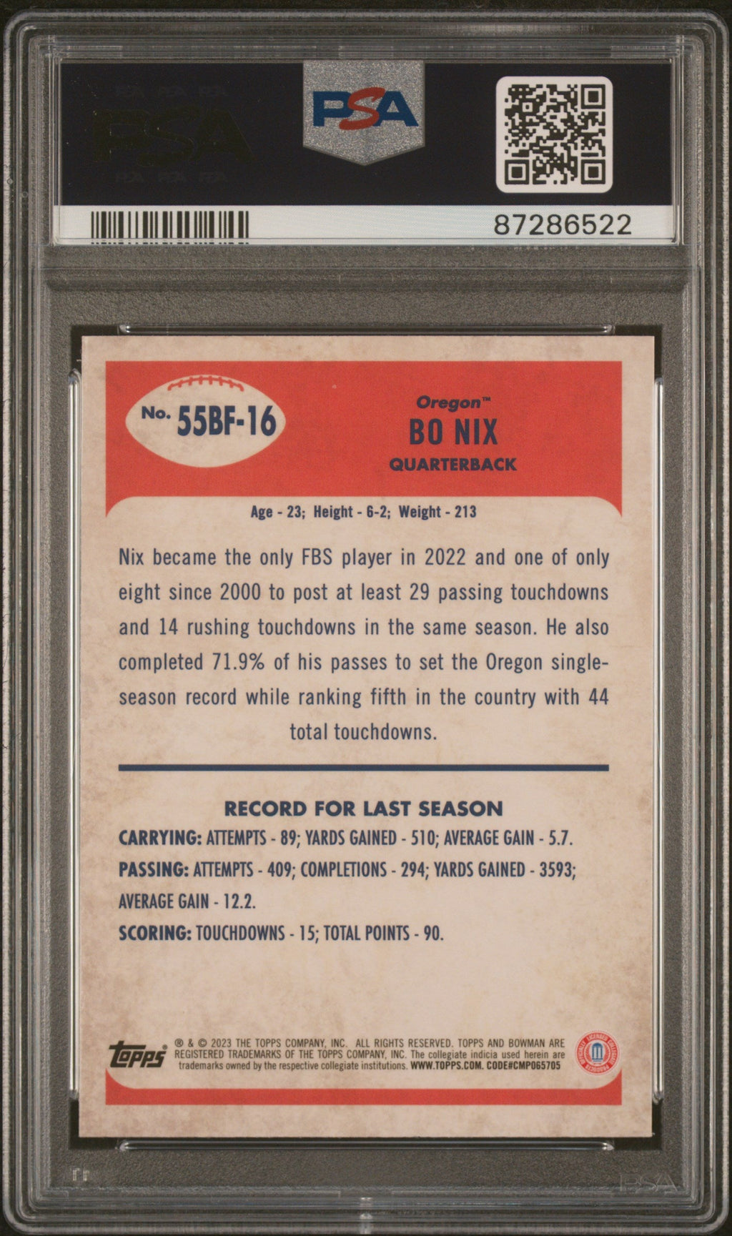 Graded 2023 Topps Bowman U Chrome Bo Nix #55BF16 1955 Bowman Rookie RC Football Card PSA 10 Gem Mint