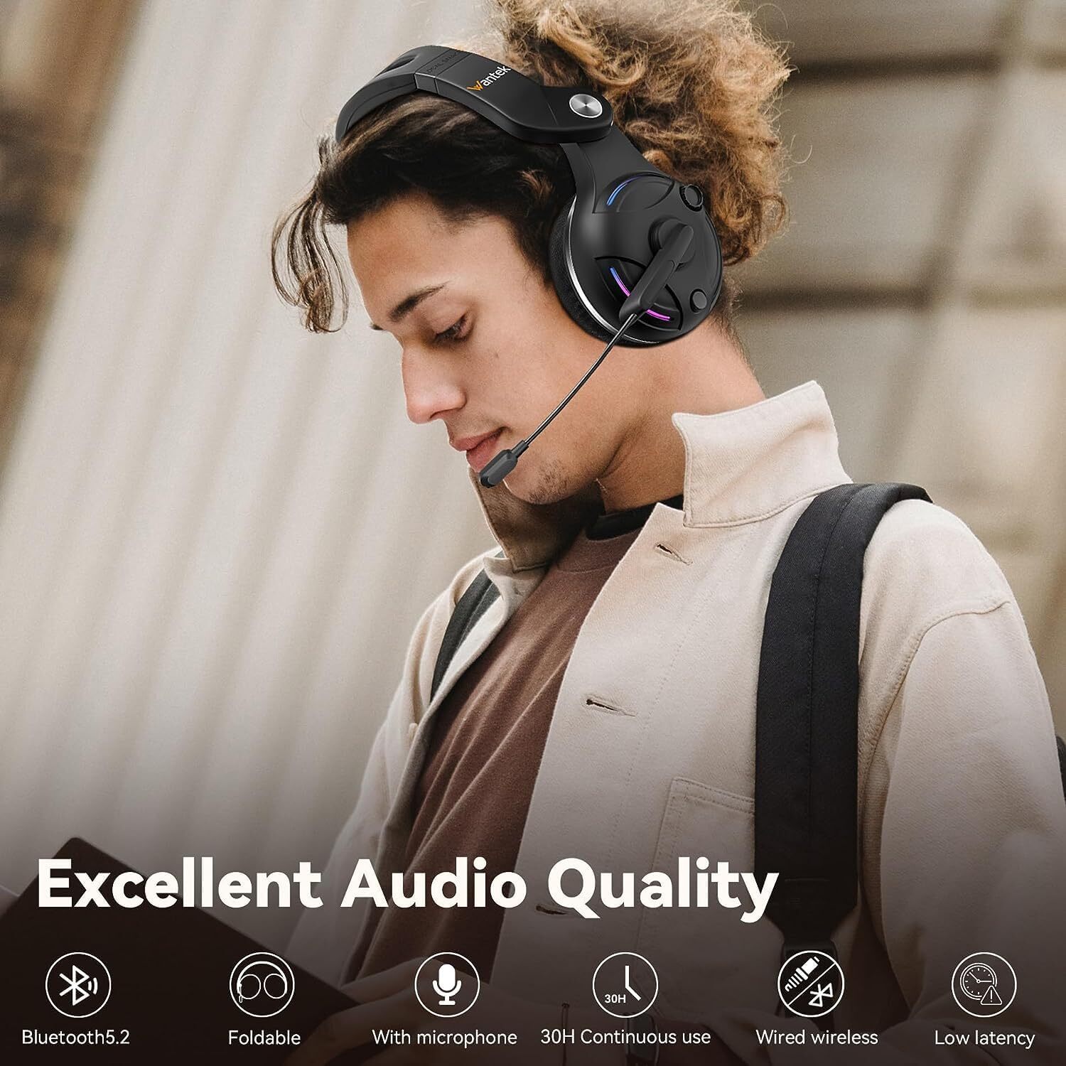 Wantek T2L  Wireless Noise-Canceling Headset  Black