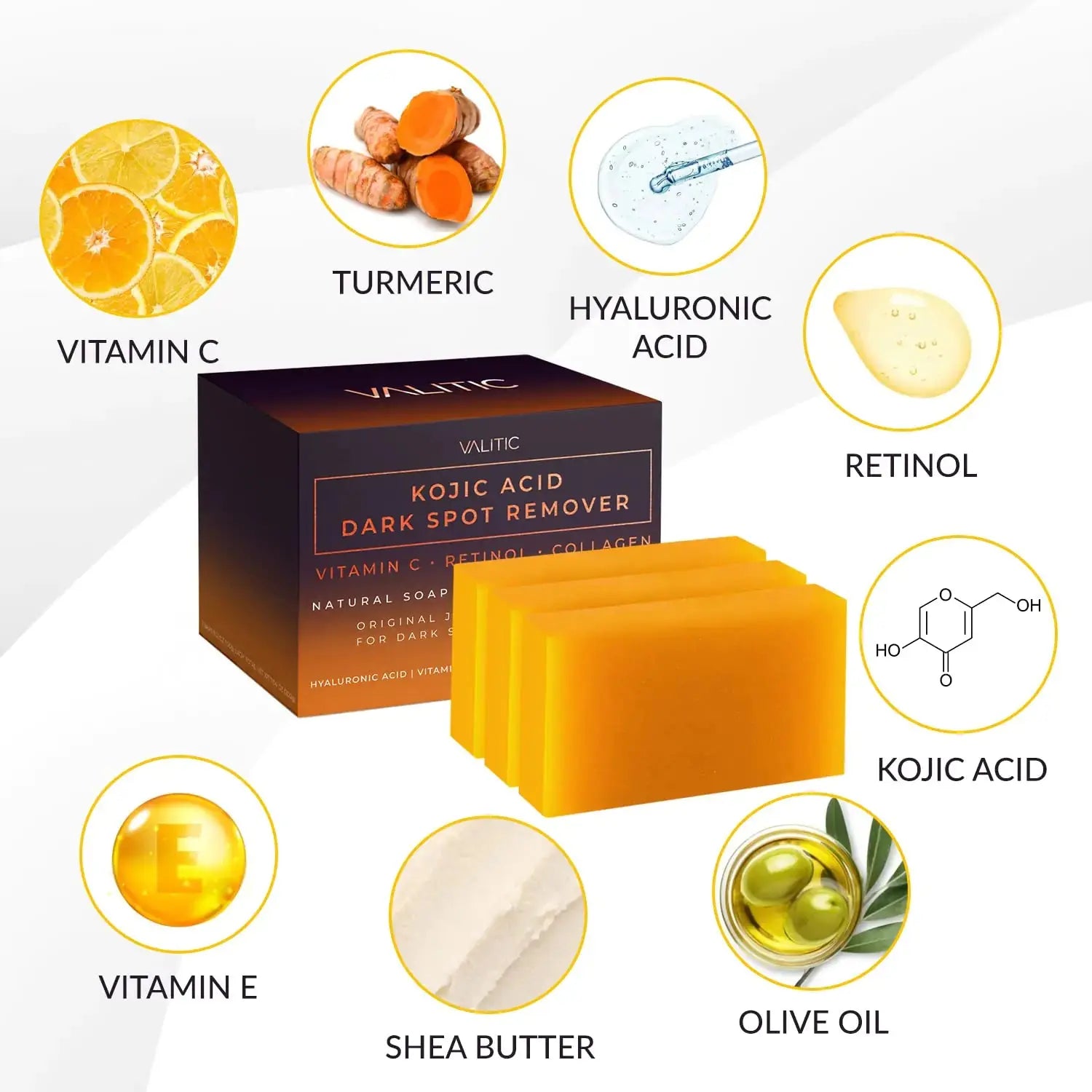 Valitic Unisex Kojic Acid Dark Spot Remover Bar with Vitamin C, Retinol, Collagen