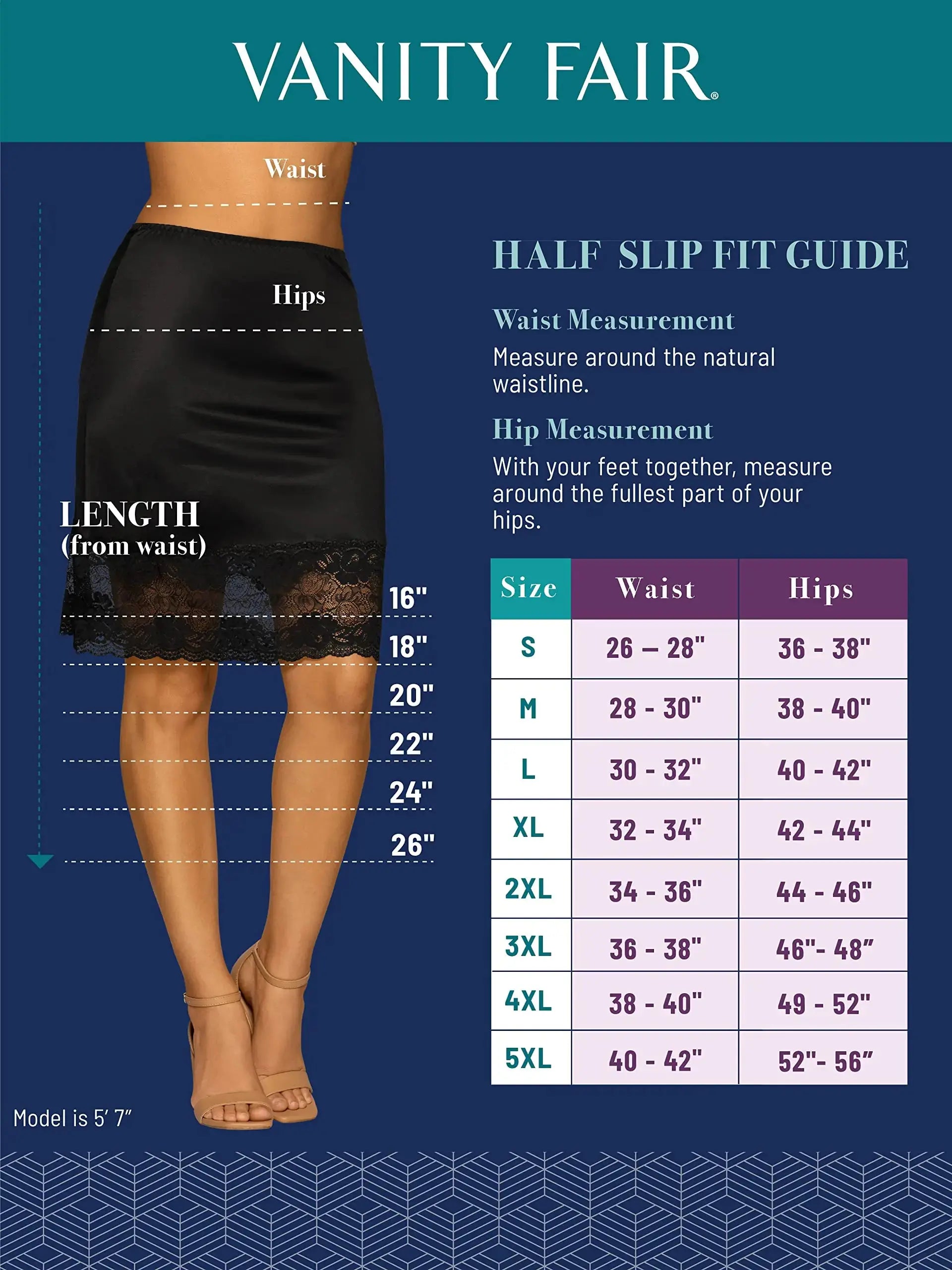 Vanity Fair Women's Everyday Layers Half Slip Medium 20" Length - Black