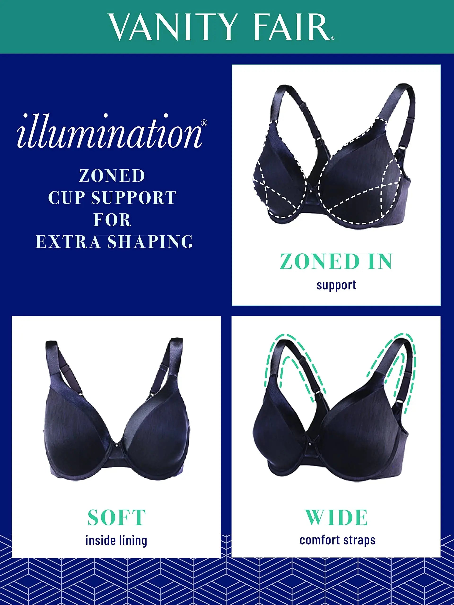 Vanity Fair Women's Illumination Full Figure Zoned-in Support Bra, Lightly Lined Cups up to DD 40DD Underwire - Navy