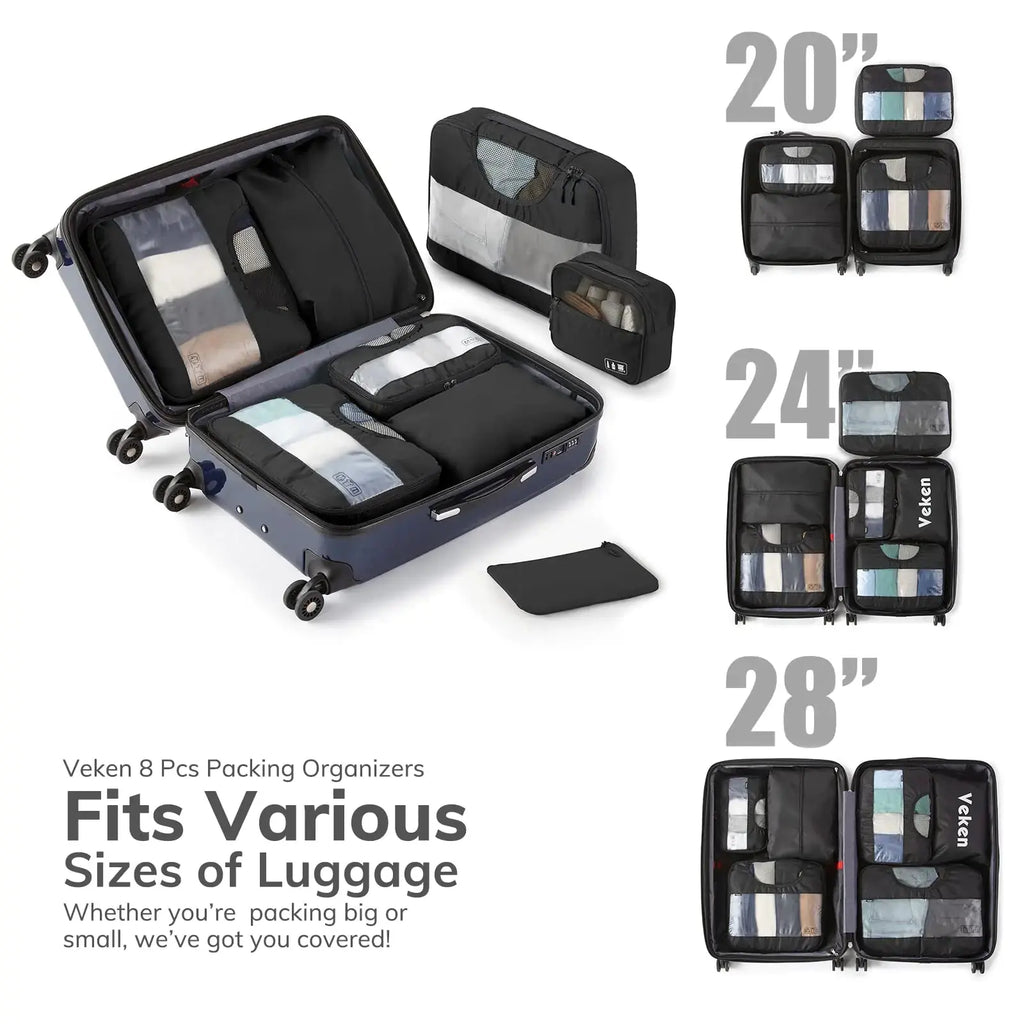 Veken 8-Piece Packing Cubes Set – Travel Bag Organizers for Suitcases & Carry-On Luggage