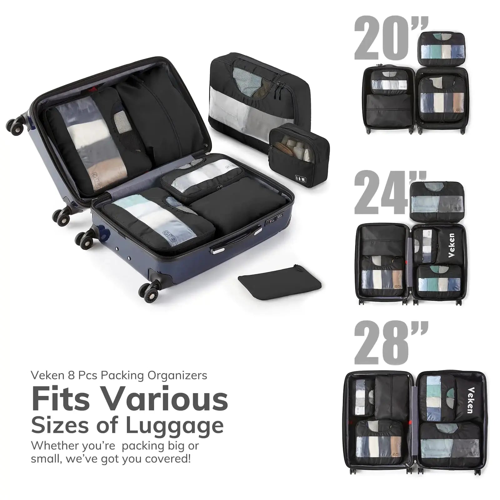 Veken 8-Piece Packing Cubes Set – Travel Bag Organizers for Suitcases & Carry-On Luggage