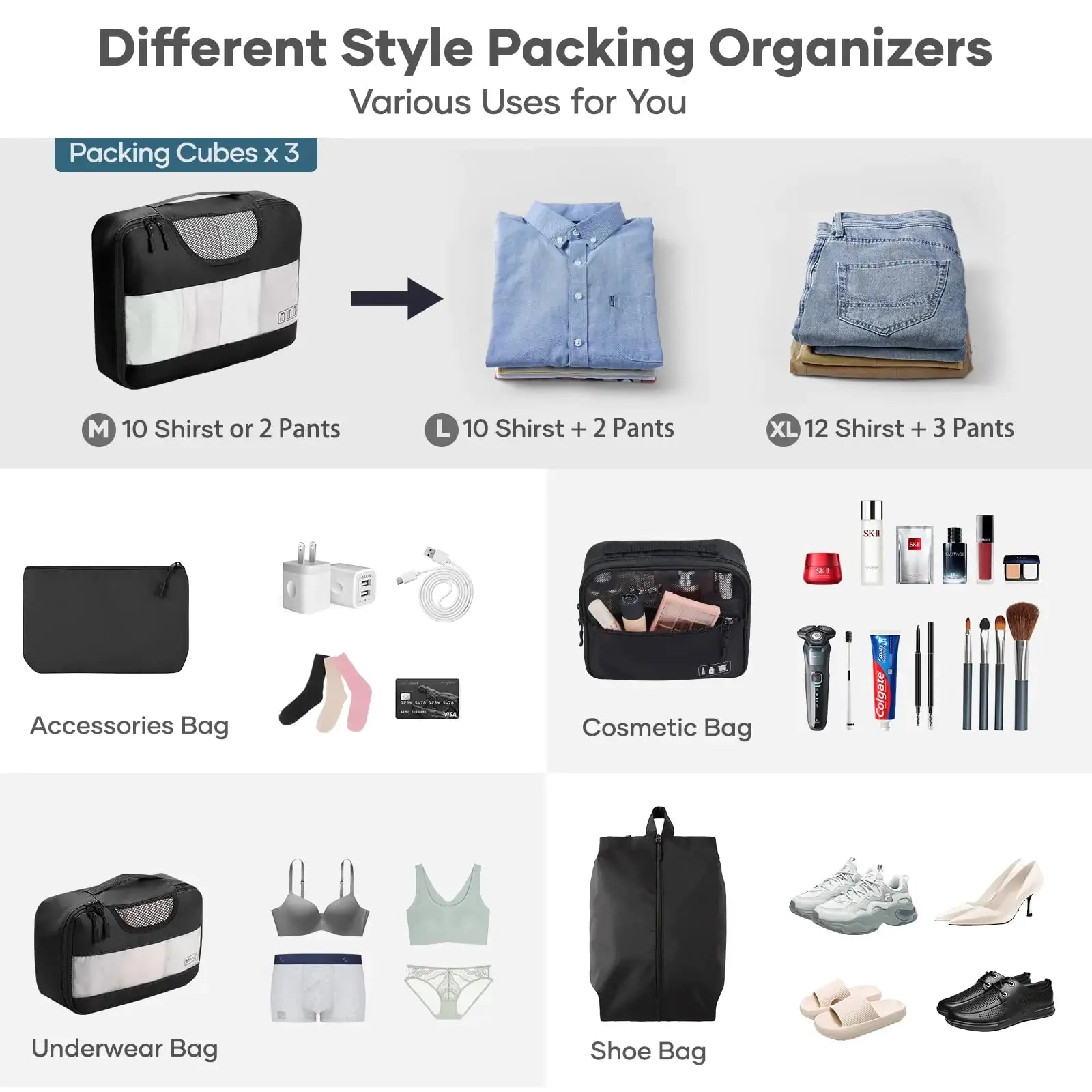 Veken 8-Piece Packing Cubes Set – Travel Bag Organizers for Suitcases & Carry-On Luggage