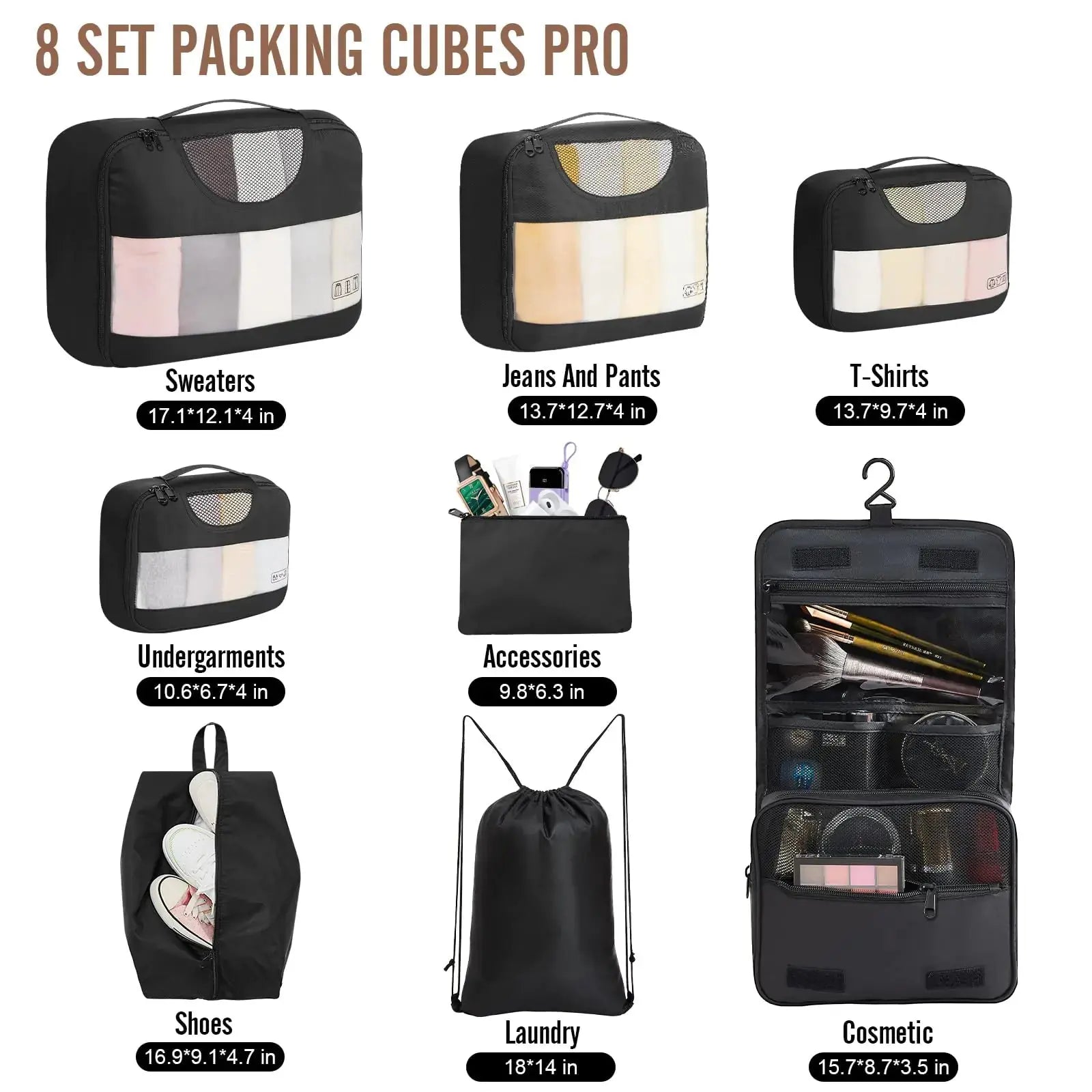 Veken 8-Piece Packing Cubes Set – Travel Bag Organizers for Suitcases & Carry-On Luggage