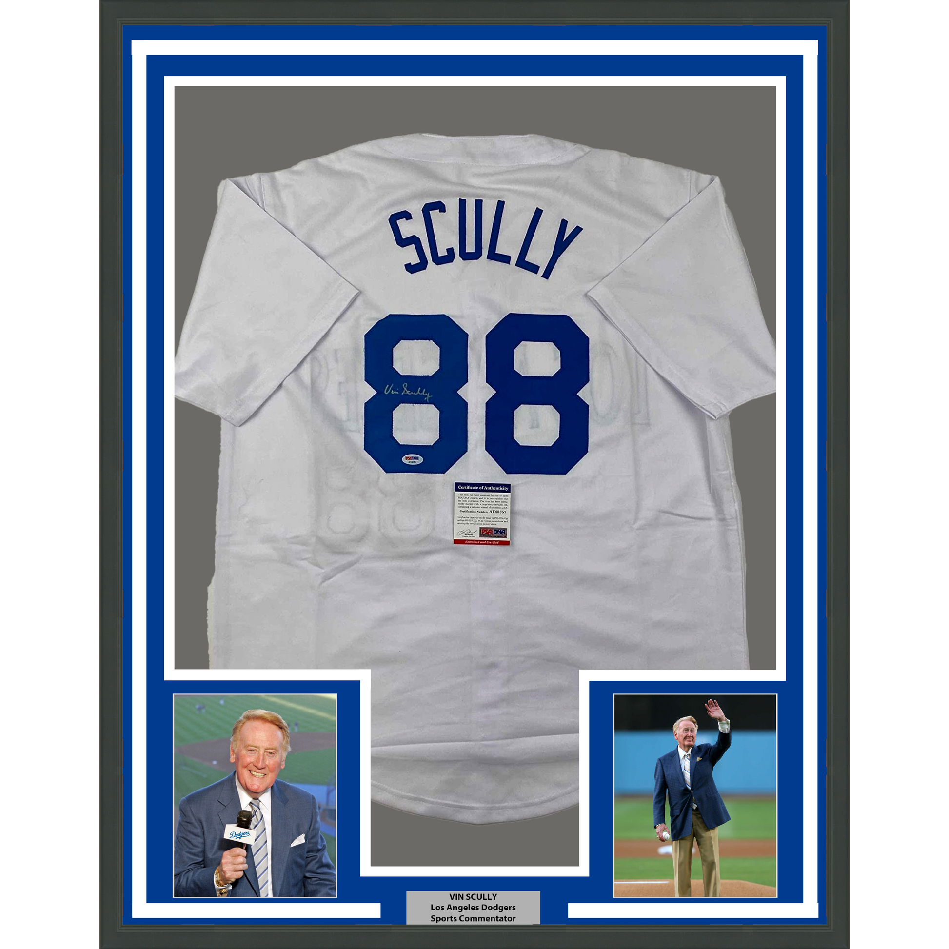 Framed Autographed/Signed Vin Scully 35x39 Los Angeles LA White Baseball Jersey PSA/DNA COA
