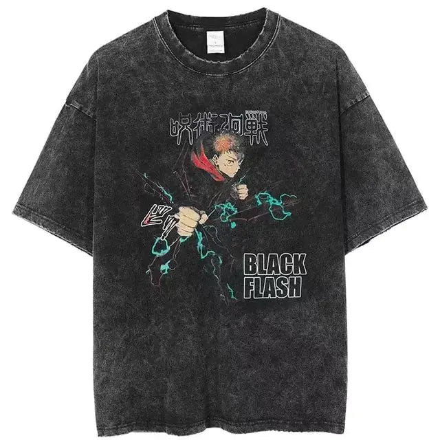 Vintage Washed Tshirts for Men Digital Printing Anime Graphic