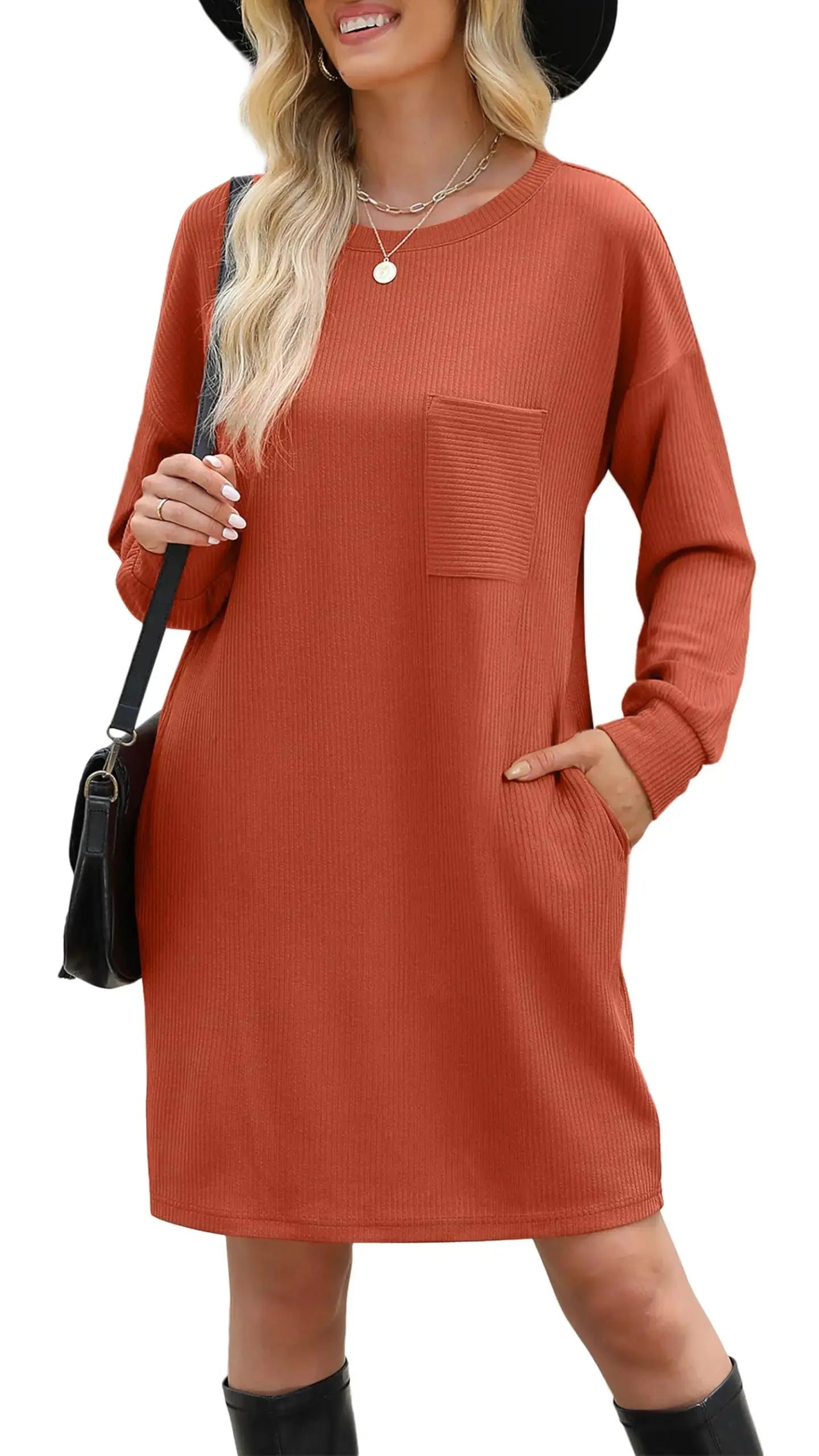 WIHOLL Women's Long Sleeve Loose-Fit Mini Dress with Pockets – Fall 2024 Fashion