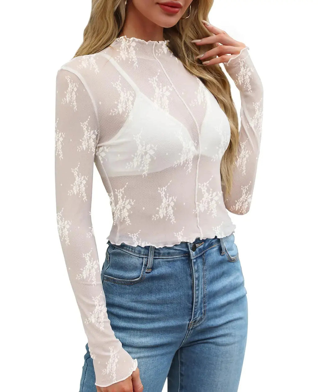 WIHOLL Womens Mesh Sheer Tops Sexy Crew Neck Summer Loose FIt Party Clubwear Shirts Large A-1white Lace