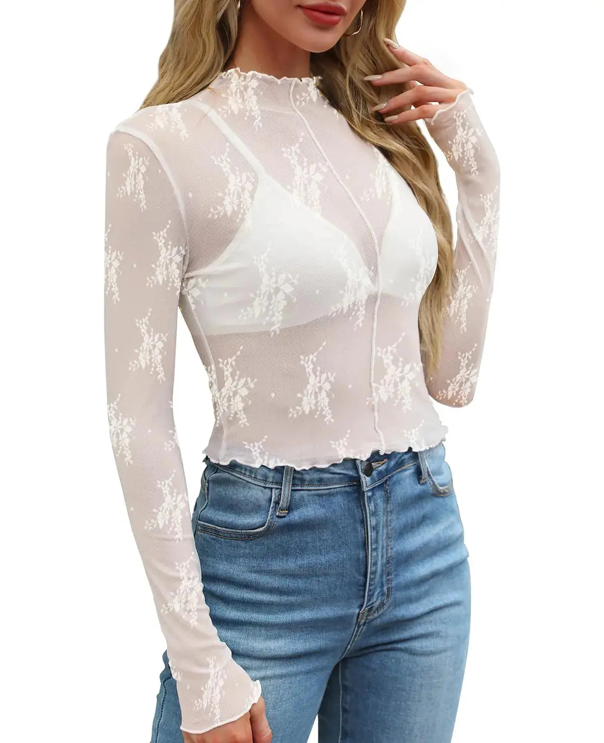 WIHOLL Womens Mesh Sheer Tops Sexy Crew Neck Summer Loose FIt Party Clubwear Shirts Large A-1white Lace