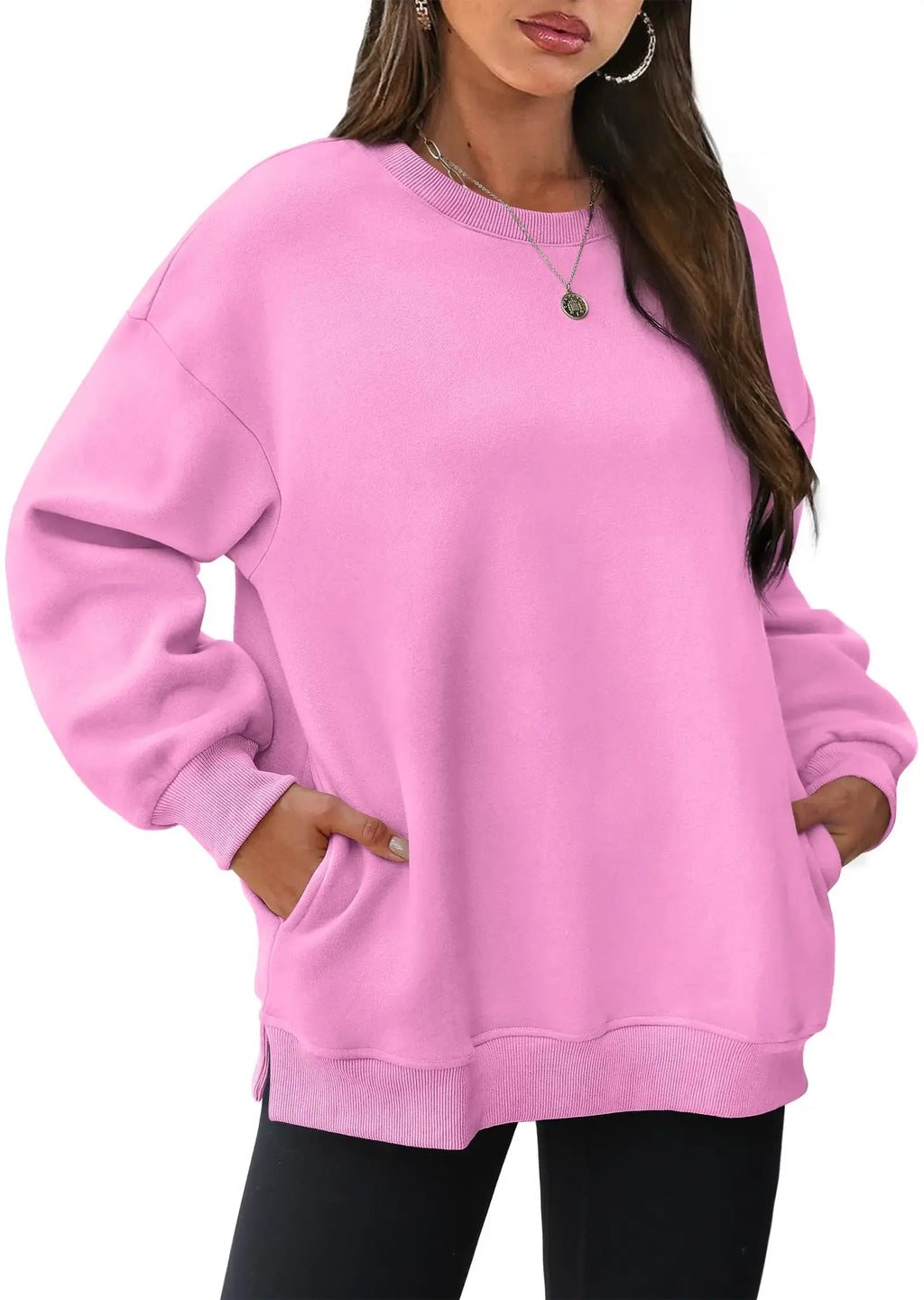 WIHOLL Womens Oversized Sweatshirts - Pink Crewneck Long Sleeve Top With Pocket