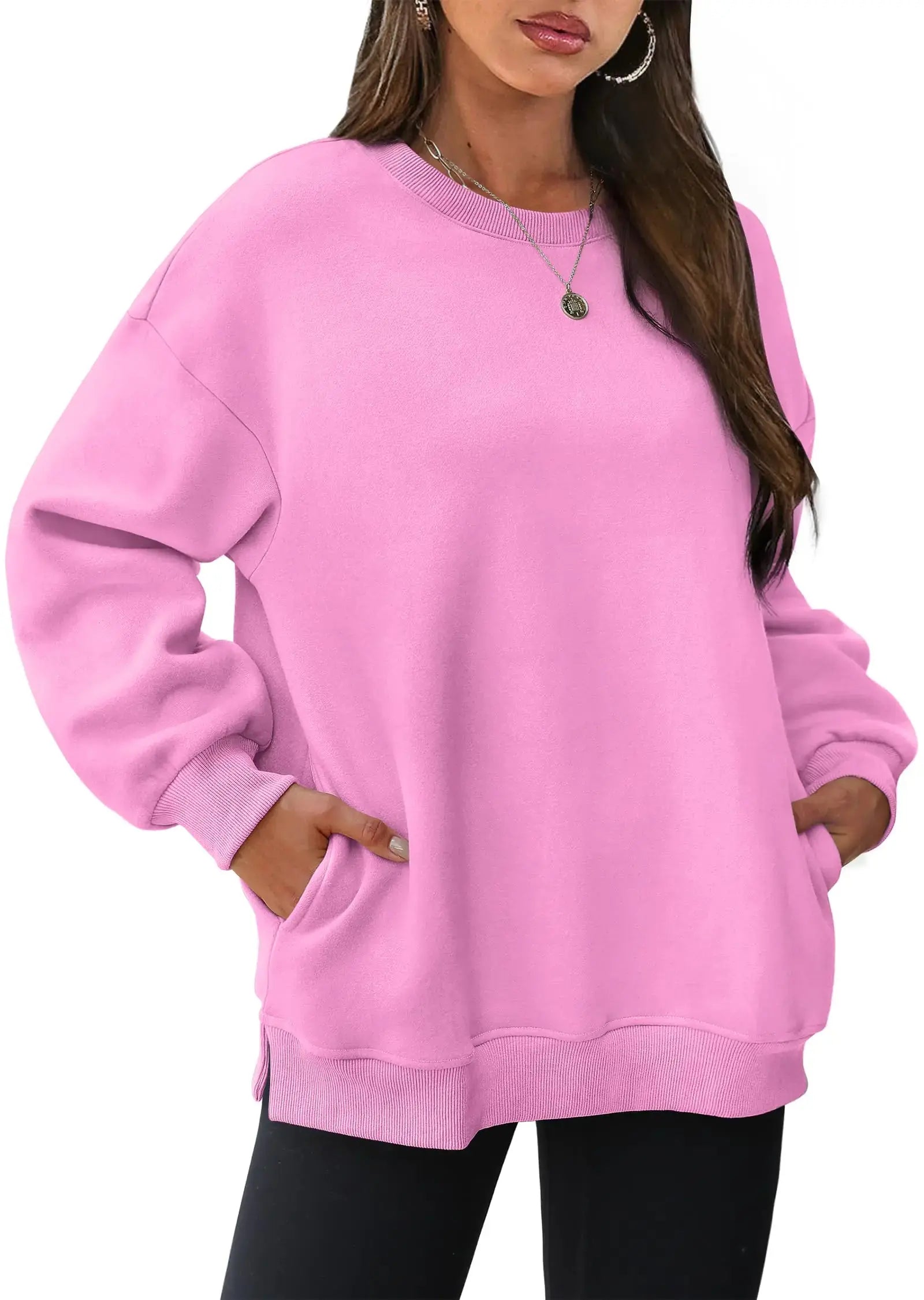 WIHOLL Womens Oversized Sweatshirts - Pink Crewneck Long Sleeve Top With Pocket